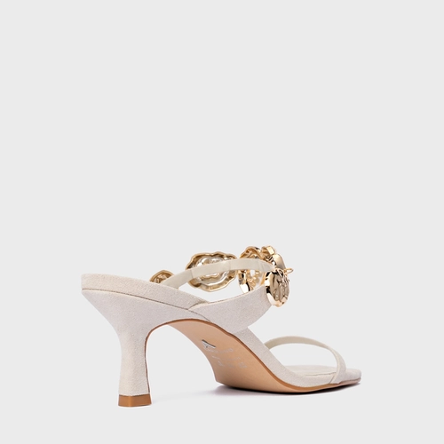 Open Mule Organic Coins Salto Fino Couro Suede Off White Osso