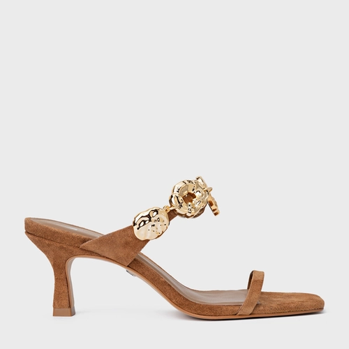 Open Mule Organic Coins Salto Fino Couro Suede Marrom Saddle