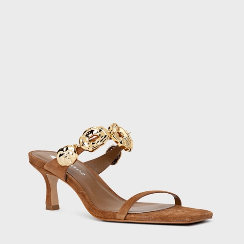 Open Mule Organic Coins Salto Fino Couro Suede Marrom Saddle
