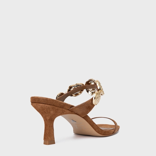 Open Mule Organic Coins Salto Fino Couro Suede Marrom Saddle