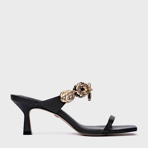 Open Mule Organic Coins Salto Fino Couro Preto
