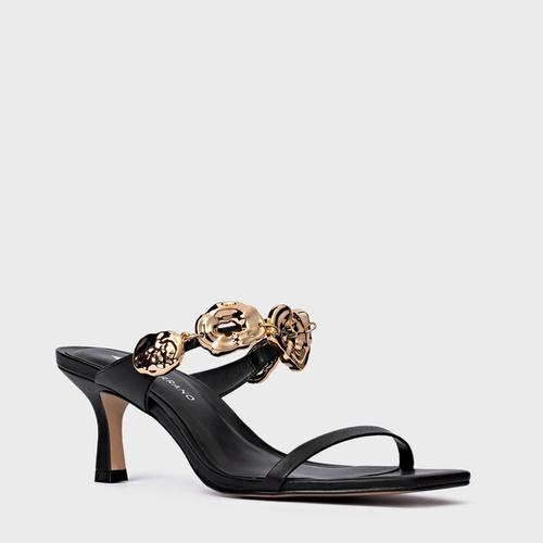 Open Mule Organic Coins Salto Fino Couro Preto