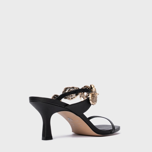 Open Mule Organic Coins Salto Fino Couro Preto