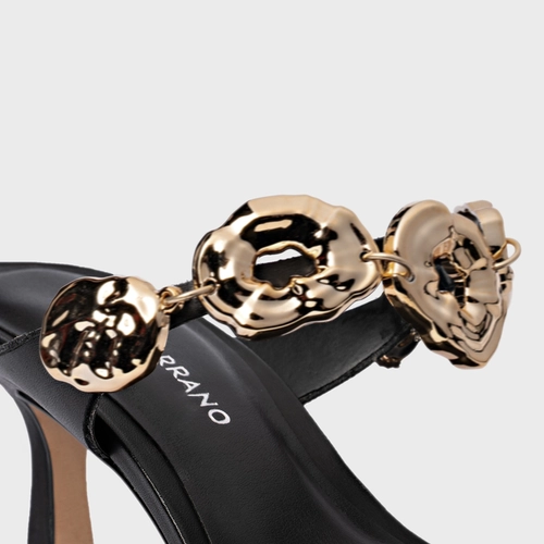 Open Mule Organic Coins Salto Fino Couro Preto