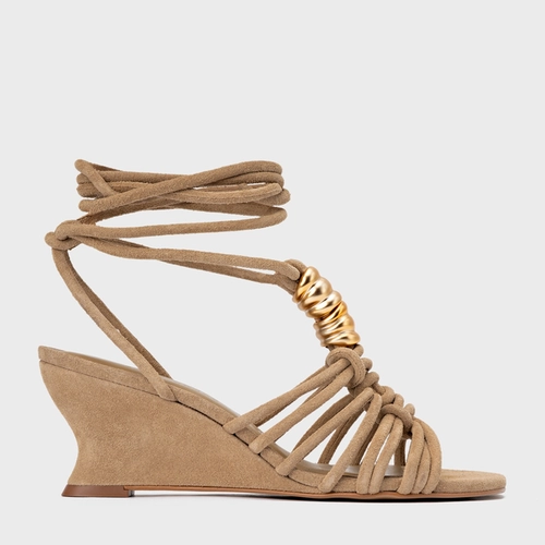 Sandália Ivy Golden String Anabela Couro Suede Bege Almond