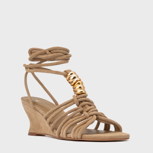 Sandália Ivy Golden String Anabela Couro Suede Bege Almond
