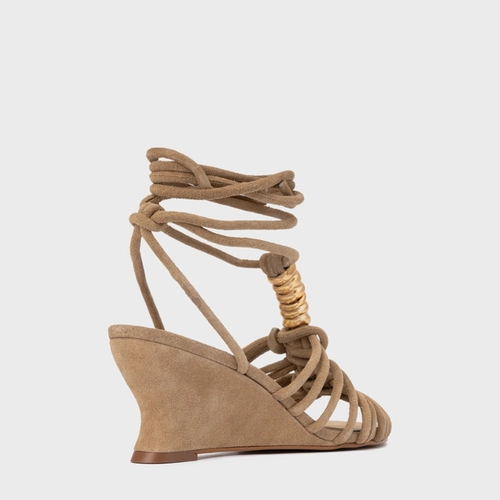 Sandália Ivy Golden String Anabela Couro Suede Bege Almond