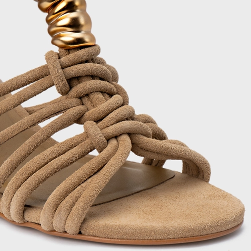 Sandália Ivy Golden String Anabela Couro Suede Bege Almond