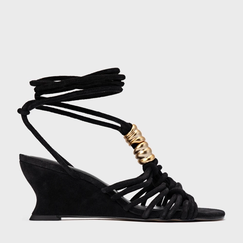 Sandália Ivy Golden String Anabela Couro Suede Preto