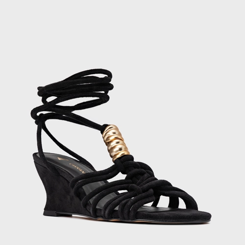 Sandália Ivy Golden String Anabela Couro Suede Preto