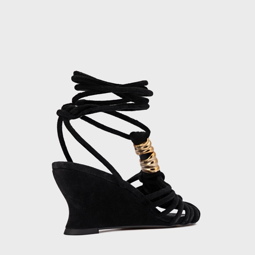 Sandália Ivy Golden String Anabela Couro Suede Preto