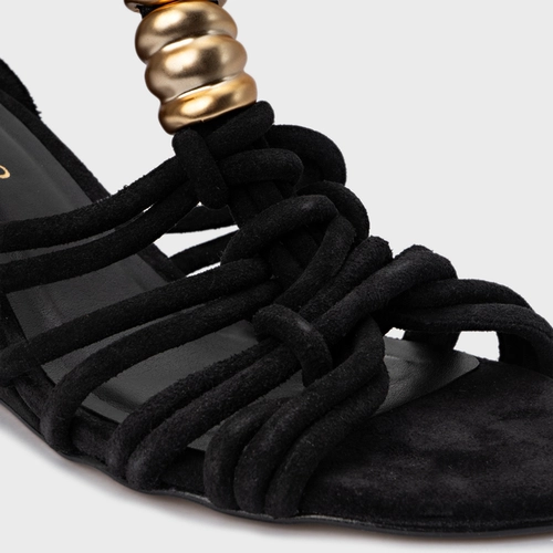 Sandália Ivy Golden String Anabela Couro Suede Preto