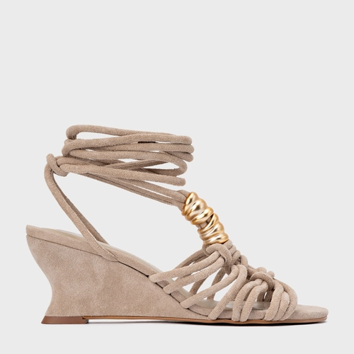 Sandália Ivy Golden String Anabela Couro Suede Bege Oatmeal