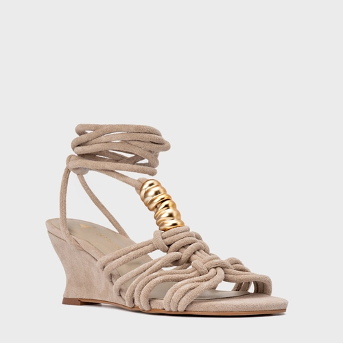 Sandália Ivy Golden String Anabela Couro Suede Bege Oatmeal