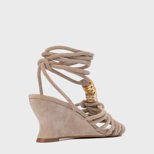 Sandália Ivy Golden String Anabela Couro Suede Bege Oatmeal