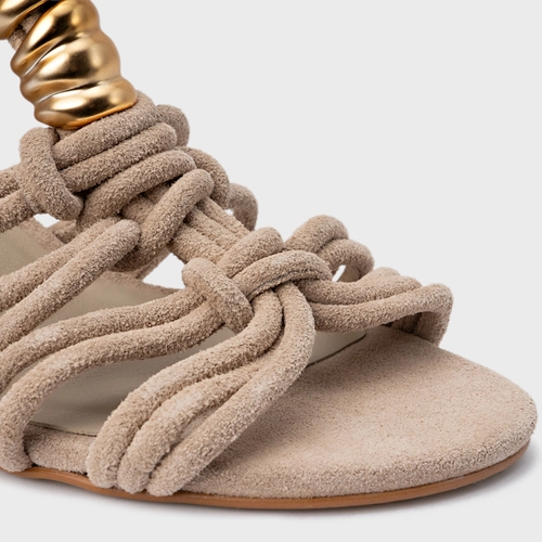 Sandália Ivy Golden String Anabela Couro Suede Bege Oatmeal