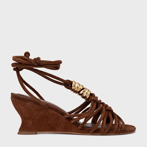Sandália Ivy Golden String Anabela Couro Suede Marrom Walnut