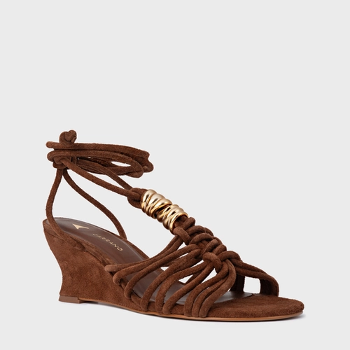 Sandália Ivy Golden String Anabela Couro Suede Marrom Walnut
