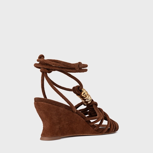 Sandália Ivy Golden String Anabela Couro Suede Marrom Walnut