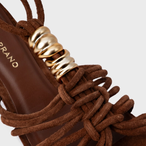 Sandália Ivy Golden String Anabela Couro Suede Marrom Walnut
