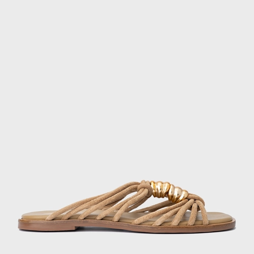 Rasteira Ivy Golden String Couro Suede Bege Almond