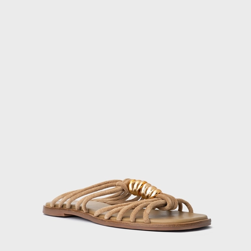 Rasteira Ivy Golden String Couro Suede Bege Almond