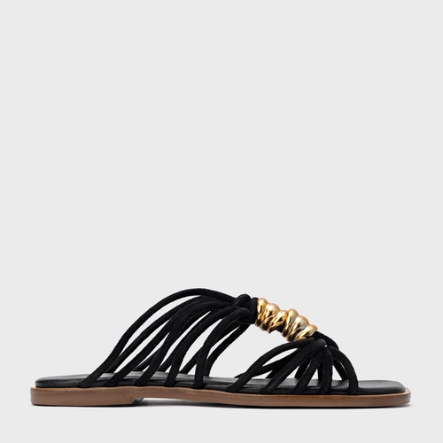 Rasteira Ivy Golden String Couro Suede Preto