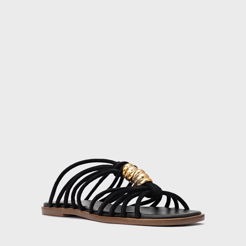 Rasteira Ivy Golden String Couro Suede Preto
