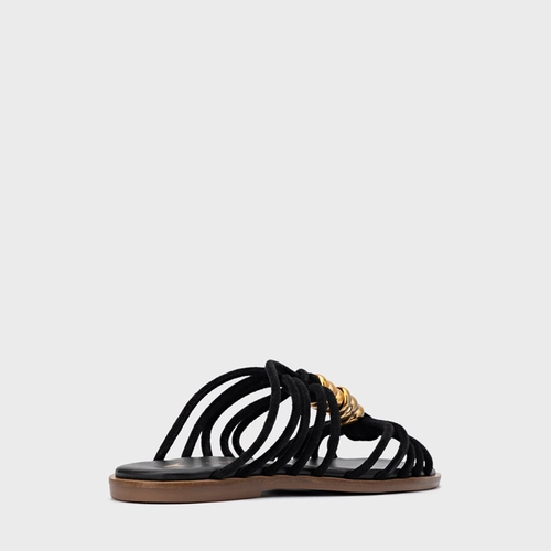 Rasteira Ivy Golden String Couro Suede Preto