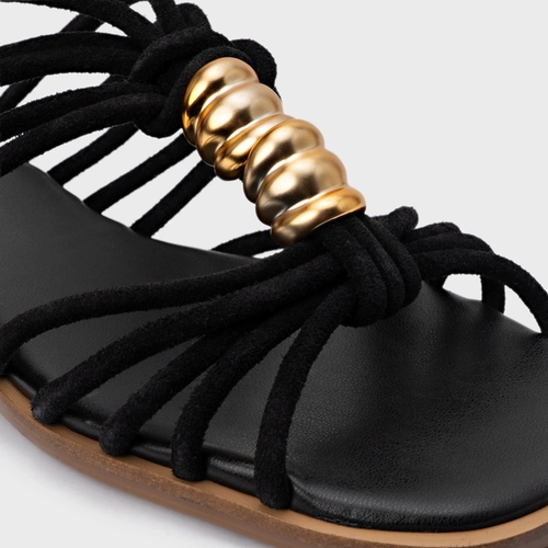 Rasteira Ivy Golden String Couro Suede Preto