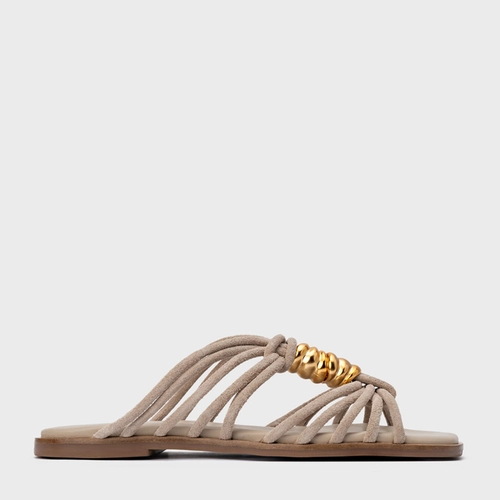 Rasteira Ivy Golden String Couro Suede Bege Oatmeal