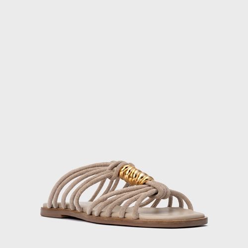Rasteira Ivy Golden String Couro Suede Bege Oatmeal