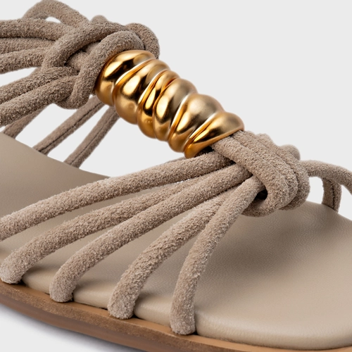 Rasteira Ivy Golden String Couro Suede Bege Oatmeal