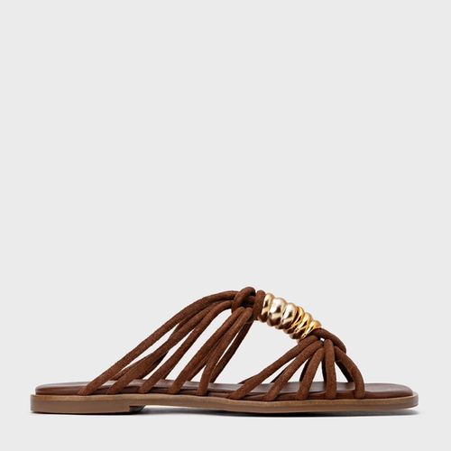 Rasteira Ivy Golden String Couro Suede Marrom Walnut