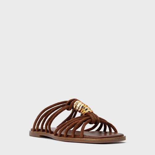 Rasteira Ivy Golden String Couro Suede Marrom Walnut