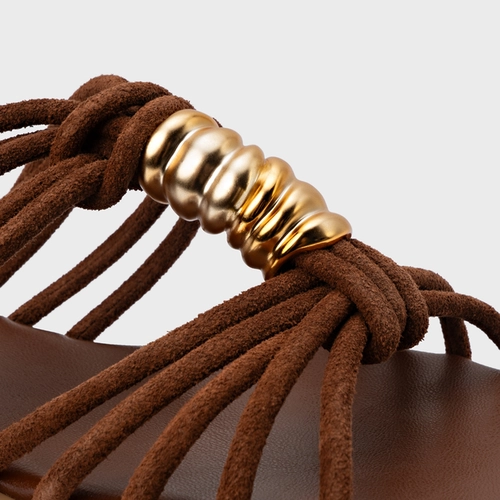 Rasteira Ivy Golden String Couro Suede Marrom Walnut