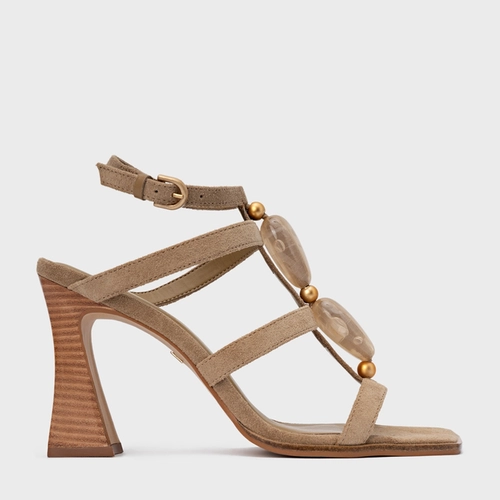 Sandália Stone Salto Wave Couro Suede Bege Almond