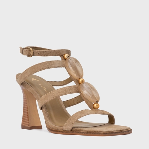 Sandália Stone Salto Wave Couro Suede Bege Almond