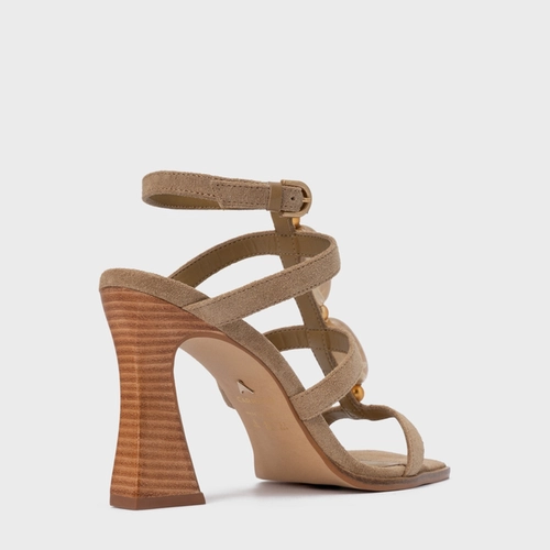 Sandália Stone Salto Wave Couro Suede Bege Almond