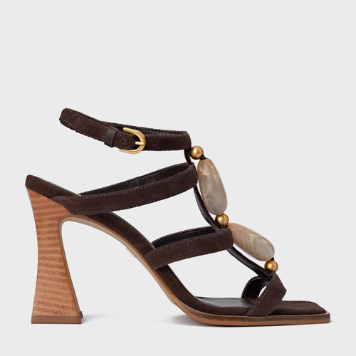 Sandália Stone Salto Wave Couro Suede Marrom Ganache