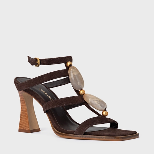 Sandália Stone Salto Wave Couro Suede Marrom Ganache