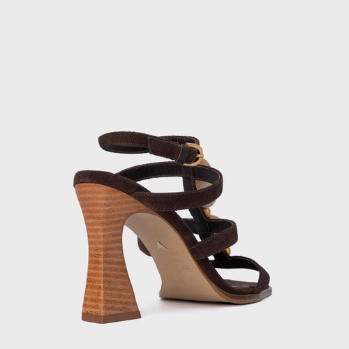 Sandália Stone Salto Wave Couro Suede Marrom Ganache