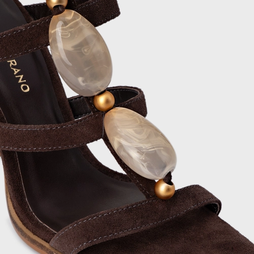 Sandália Stone Salto Wave Couro Suede Marrom Ganache