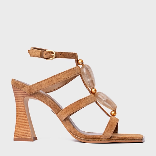 Sandália Stone Salto Wave Couro Suede Marrom Saddle