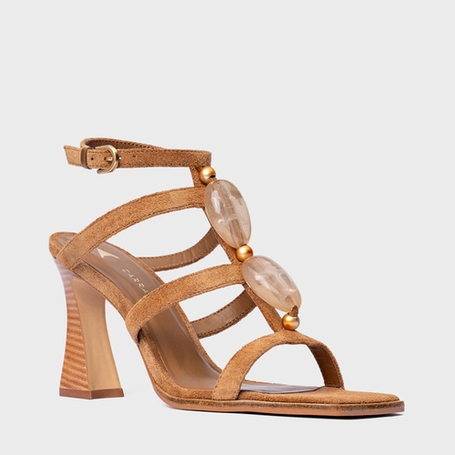 Sandália Stone Salto Wave Couro Suede Marrom Saddle