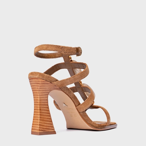 Sandália Stone Salto Wave Couro Suede Marrom Saddle
