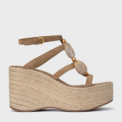 Sandália Stone Maxi Anabela Couro Suede Bege Almond