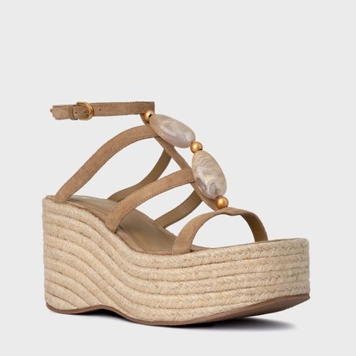 Sandália Stone Maxi Anabela Couro Suede Bege Almond
