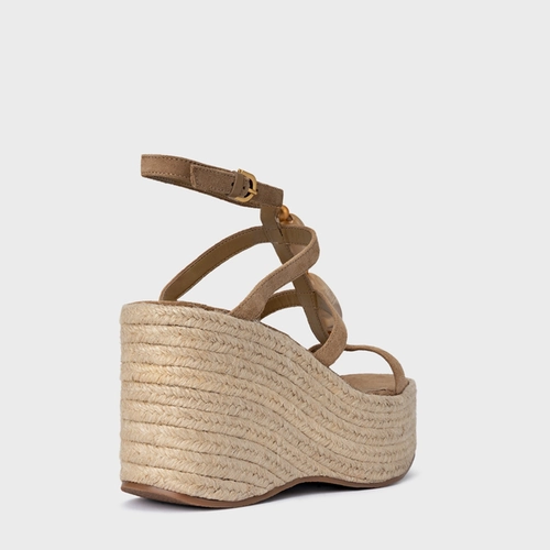 Sandália Stone Maxi Anabela Couro Suede Bege Almond