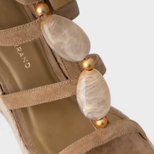 Sandália Stone Maxi Anabela Couro Suede Bege Almond
